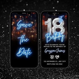 Animated 18th Birthday Video Invitation: Chrome Neon Blue Evite (Digital Download
