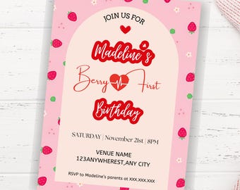 Strawberry First Birthday Invitation: Editable Girl Invite (Printable)