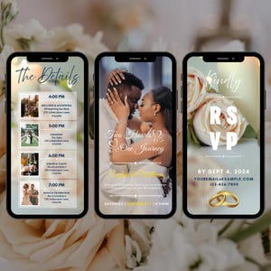 May include: Three smartphone screens showcasing wedding information. The left screen displays the event schedule, the centre screen features a couple with the text "Two Hearts & One Journey", and the right screen has RSVP details.