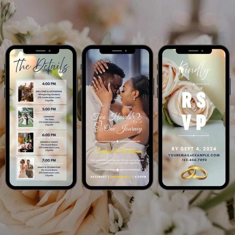 May include: Three smartphone screens showcasing wedding information. The left screen displays the event schedule, the centre screen features a couple with the text "Two Hearts & One Journey", and the right screen has RSVP details.