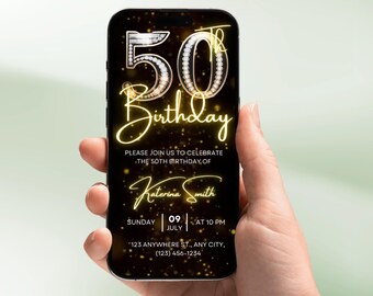 50th Birthday Invitation, Elegant Black Gold Party Style, Animated Template