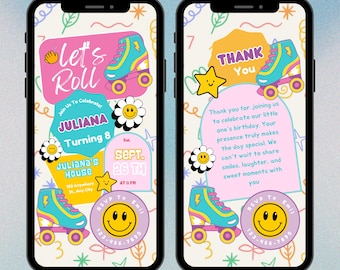 Animated Let&#39;s Roll Roller Skate Birthday Party Invitation, Any age, Daisy Birthday Invite, Retro Roller, Rainbow, Girl Birthday Skate Party