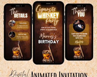 Cigars and Whiskey Birthday Invitation, Rustic Brown & Gold, Animated Template