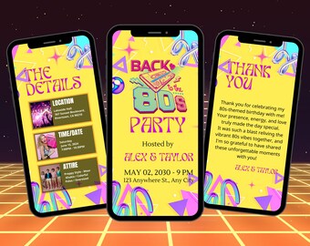 Back to the 80s verjaardagsuitnodiging feest, neon retro geelroze stijl, digitale geanimeerde uitnodiging