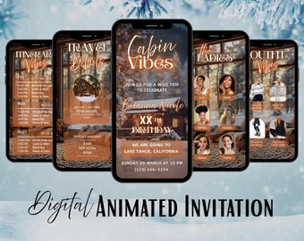 Convite com clima de cabana para viagem de inverno entre amigas, convite digital para fim de semana de aniversário, refúgio aconchegante em cabana