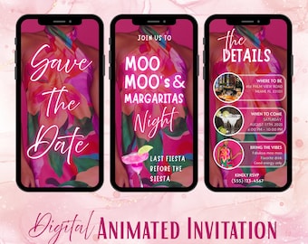 Moo Moo’s & Margaritas Night Invitation, Fiesta Party, Vibrant Pink Tropical, Ladies Night Evite