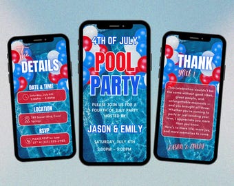 4th of July Pool Party Invitation, Patriotic Red White Blue Style, Animated Template
