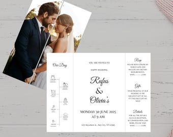 Wedding Invitation with Photo, Editable Folded Card Template with Timeline & RSVP