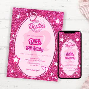 May include: A pink glittery birthday invitation and a smartphone displaying the same design. The invitation features the text "Besties," "Bella's 9th Birthday," and event details. The design includes stars and a silhouette.
