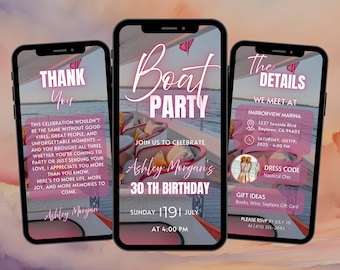 Verjaardagsuitnodiging bootfeest, chique nautische stijl, roze oceaanzonsondergang, geanimeerde sjabloon