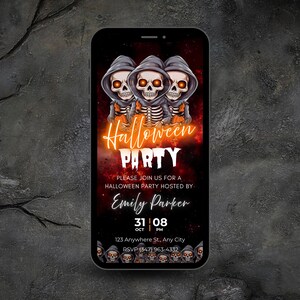 Halloween Party Invitation, Dark Red Glow Skeleton Gothic Digital Animated Template