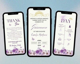 Animated Lilac Floral Quinceanera Invitation Template, Elegant Purple Gold Floral (Digital Download)
