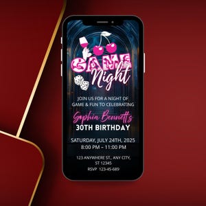 Modèle numérique d'invitation pour une soirée match d'anniversaire, invitation animée nuit cerise rose néon, invitation à une fête d'anniversaire glam, modèle modifiable.