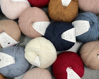 Könnte beinhalten: Eine Sammlung von Wollknäueln in verschiedenen Farben, darunter hellrosa, rot, marineblau und beige. Jedes Knäuel hat ein Etikett. Die Wolle scheint weich zu sein und eignet sich für Strick- oder Häkelprojekte.