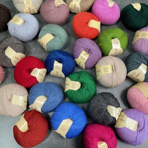 Puede incluir: Una colección de ovillos de lana de colores, cada uno con una etiqueta blanca que dice "Wool Thread". La lana está dispuesta en forma circular sobre una superficie gris.