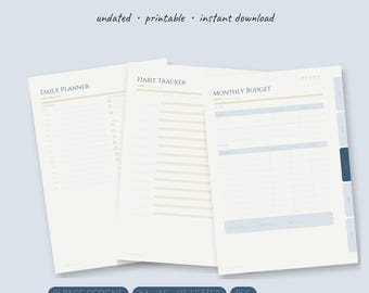 Paquete de planificadores imprimibles minimalistas nórdicos / Sin fecha A5 A4 Carta / Planificador diario, semanal y mensual de hábitos y comidas en PDF