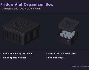 Fichier numérique | Boîte de rangement pour flacons de réfrigérateur (STL) - Contient 9 flacons | Organiseur ventilé imprimable en 3D, jusqu'à 22 mm