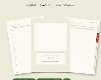 Cricket Coach Planner Printable | Team Roster Training Plan Tactics Board Game Day Lineup Season Stats | A5 A4 Letter PDF