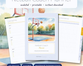 Netball Coach Planner Printable | Team Roster Training Plan Tactics Board Game Day Lineup Season Stats | A5 A4 Letter PDF