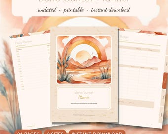 Paquete de planificadores imprimibles Boho Sunset / Sin fecha A5 A4 Carta / Planificador diario, semanal y mensual de hábitos y comidas en PDF