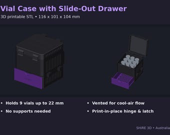 Fichier numérique | Étui à flacons avec tiroir coulissant - Couvercle de caisse de rangement (STL) - Contient 9 flacons | Organiseur ventilé imprimable en 3D, jusqu'à 22 mm