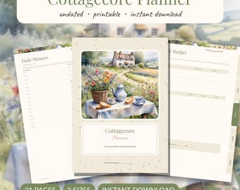 Paquete de planificadores imprimibles estilo cottagecore / Sin fecha A5 A4 Carta / Planificador diario, semanal y mensual de hábitos y comidas en PDF