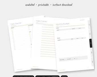 Paquete de planificadores imprimibles minimalistas modernos / Sin fecha A5 A4 Carta / Planificador diario, semanal y mensual de hábitos y comidas en PDF