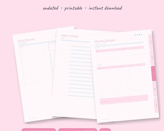 Paquete de planificadores imprimibles Kawaii Pastel / Sin fecha A5 A4 Carta / Planificador diario, semanal y mensual de hábitos y comidas en PDF