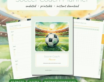 Soccer Coach Planner Printable | Team Roster Training Plan Tactics Board Game Day Lineup Season Stats | A5 A4 Letter PDF
