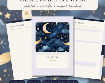 Paquete de planificadores imprimibles Celestial / Sin fecha A5 A4 Carta / Planificador diario, semanal y mensual de hábitos y comidas en PDF