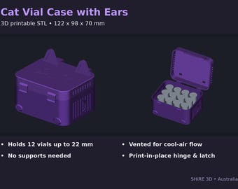 Fichier numérique | Étui à flacons pour chat avec oreilles (STL) - Contient 12 flacons | Organiseur aéré imprimable en 3D, jusqu'à 22 mm