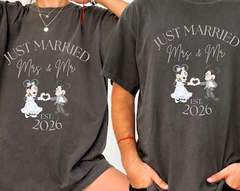 Koszulka Disney Just Married/Pasujące stroje Disney dla par/Koszulki dla par Disney/Koszulka Myszka Miki i Myszka Minnie Just Married/Koszulka ślubna