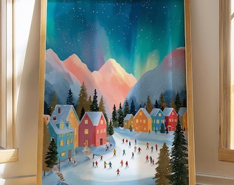 Lapland Northern Lights Print: Aurora Borealis Wall Art, Ice Skating Poster