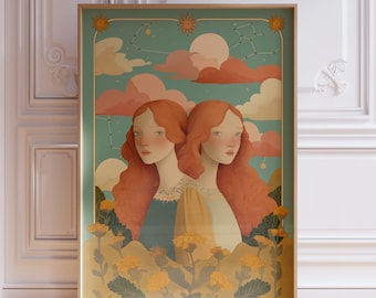 Lámina artística del zodiaco Géminis: Póster de astrología celestial moderna (descarga digital)