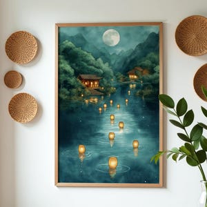 Water Lantern Festival Poster, Floating Lanterns on the River Digital Art Print, Glowing Lights Under the Moon, Japanese Nature Wall Art
