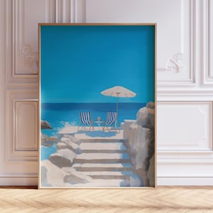 Beach Chairs and Umbrella Painting, Watercolor Beach Print, Coastal Wall Art, Mediterranean Summer Decor, Greek and Italy Vibes
