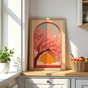 Cherry Blossom Folk Art Print, Sakura Tree Painting, Japanese Wall Art, Cherry Blossom Pink Poster, Botanical Artwork, Floral Folk Art