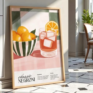 Negroni Cocktail Print, Negroni Recipe, Kitchen Wall Art, Bar Cart Poster, Cocktail Painting, Vintage Drink Poster, Alcohol Prints