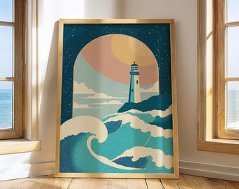 Lighthouse Print: Modern Folk Art, Teal Wave Nautical Decor (Digital Download)