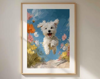 Könnte beinhalten: Gerahmter Kunstdruck mit einem fröhlichen weißen Hund, der in einem Feld bunter Blumen springt. Der Hund hat einen glücklichen Gesichtsausdruck, vor einem blauen Himmel. Die Blumen umfassen orange, rosa und gelbe Blüten.