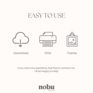 May include: A graphic instructional guide titled EASY TO USE featuring three grey line-art icons: a cloud with a downward arrow labelled Download, a printer labelled Print, and a framed picture labelled Frame, with contact text and the nobu logo.