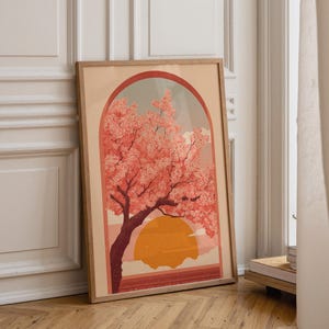 桜の民芸プリント：日本の桜の木の壁掛けアート