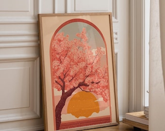Cherry Blossom Folk Art Print: Japanese Sakura Tree Wall Art