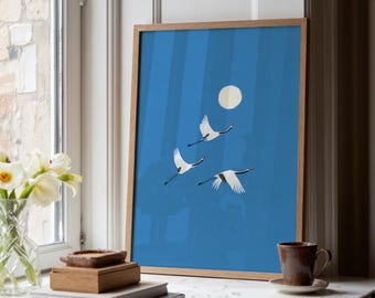 Japanese Cranes Wall Art, Minimalist Bird Print (Digital Download)