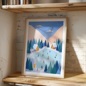 Winter Village Ice Skating Print: Festive Holiday Wall Art (Digital Download)