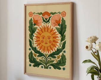 Sun Folk Art Print, boho muurkunst, spiritueel huisdecor (digitale download)