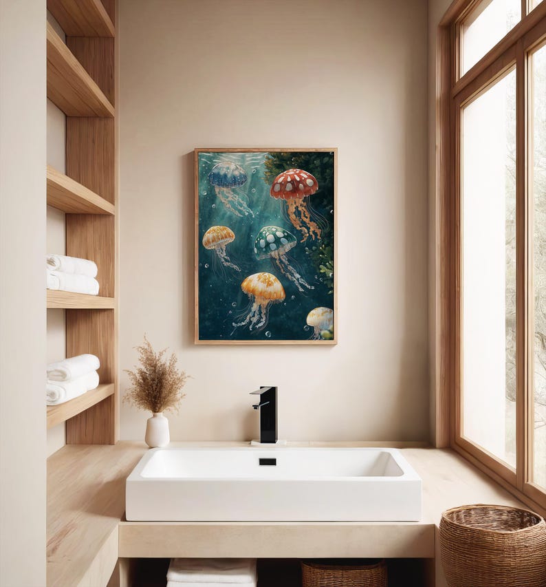 May include: A rectangular wall art print in a light wood frame featuring a deep blue underwater scene with six jellyfish in various colours including red, orange, yellow, and green, each with long trailing tentacles and white spots on their bells.