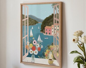 Open Window Coastal Poster, Mediterranean Sea Print (Digital Download)
