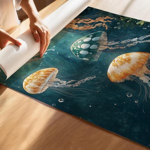 May include: A large rectangular wall art print featuring a deep teal underwater scene with three jellyfish. Two jellyfish are golden-orange with long trailing tentacles, and one is translucent white with dark spots. Small bubbles float throughout.