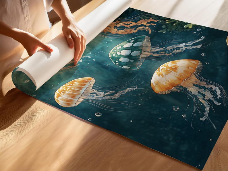 May include: A large rectangular wall art print featuring a deep teal underwater scene with three jellyfish. Two jellyfish are golden-orange with long trailing tentacles, and one is translucent white with dark spots. Small bubbles float throughout.